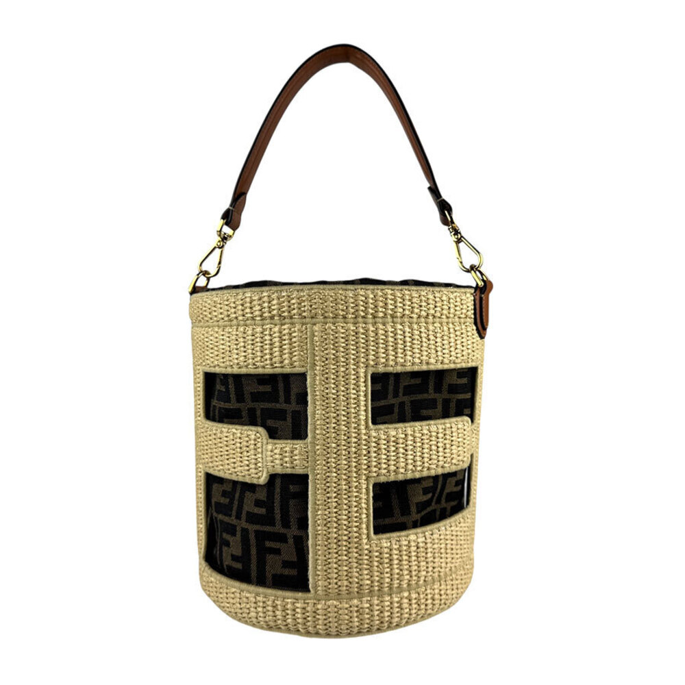 Fendi Step Out Bucket Bag Canvas Raffia Natural Brown